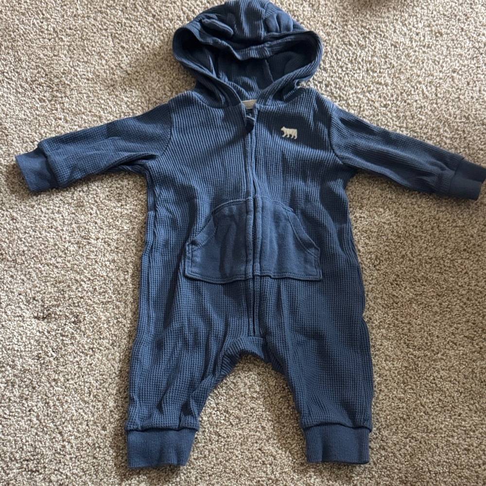 Baby Hooded One-Piece Romper in Navy with Polar Bear Logo
